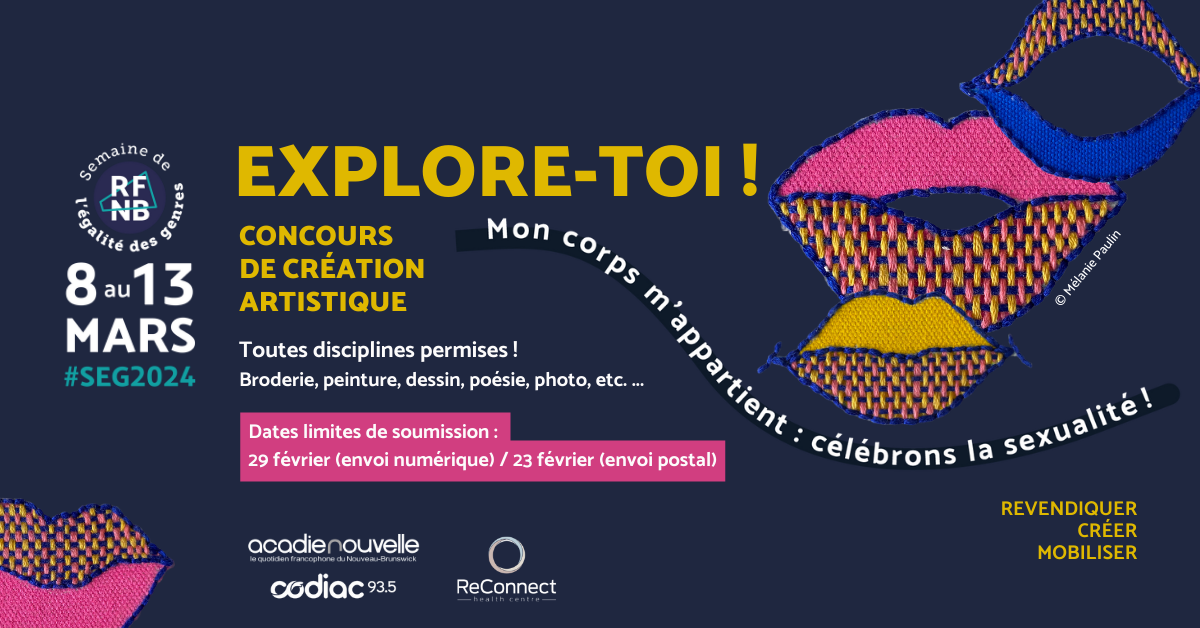 Visuel carré sur fond bleu foncé avec des broderies de lèvres aux couleurs bleu foncé, rose et jaune or. Le texte reprend le titre et les informations générales de l'activité. Logos du RFNB, de l'Acadie Nouvelle, et de CODIAC FM.